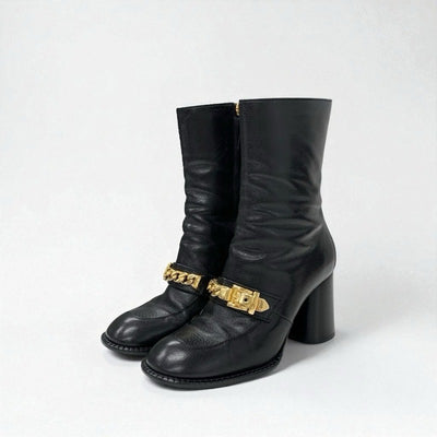 グッチ GUCCI ブーツ ショートブーツ 靴 シューズ レザー ブラック ゴールド チェーンベルト