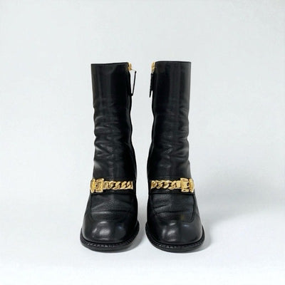 グッチ GUCCI ブーツ ショートブーツ 靴 シューズ レザー ブラック ゴールド チェーンベルト