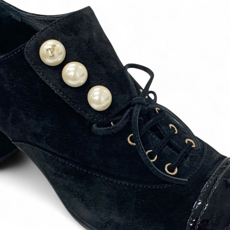 シャネル CHANEL ローファー 革靴 靴 シューズ スエード パテント ブラック パール ココマーク レースアップ