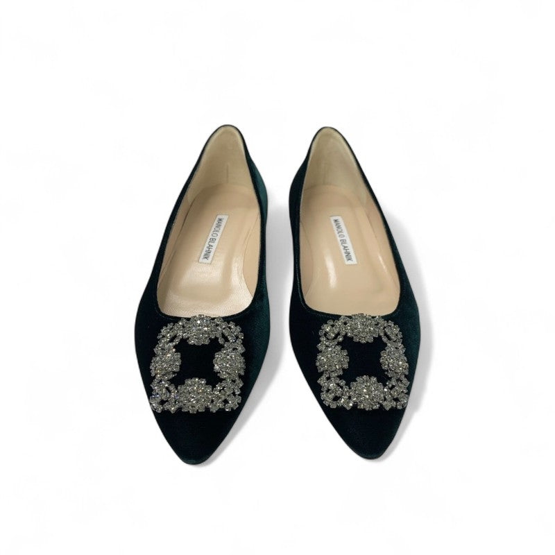 マノロブラニク MANOLO BLAHNIK ハンギシ フラットシューズ 靴 シューズ ベロア グリーン ビジュー フラットパンプス