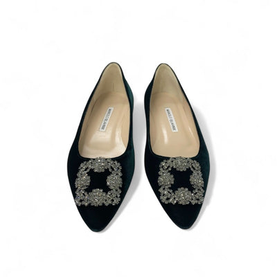 マノロブラニク MANOLO BLAHNIK ハンギシ フラットシューズ 靴 シューズ ベロア グリーン ビジュー フラットパンプス