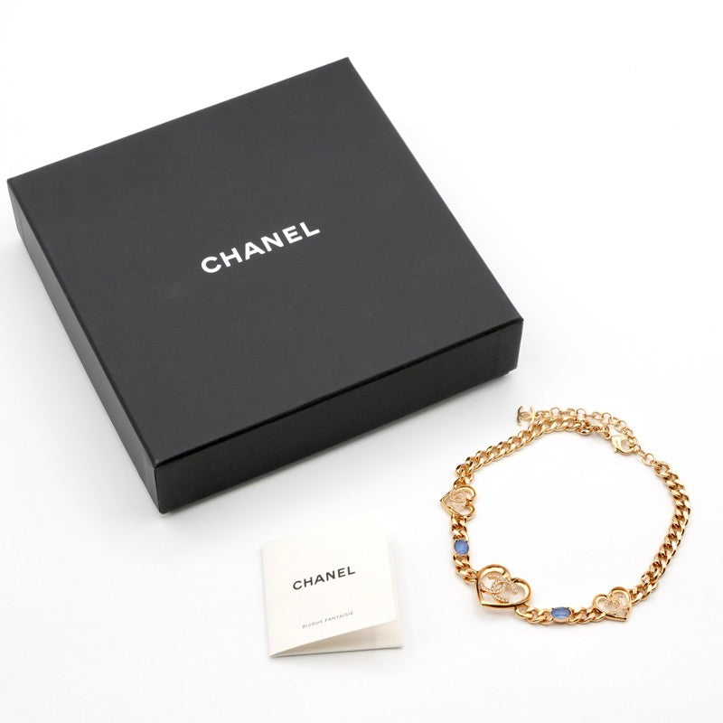 シャネル CHANEL ネックレス ペンダント チョーカー ゴールド ブルー ココマーク ハート ラインストーン チェーン