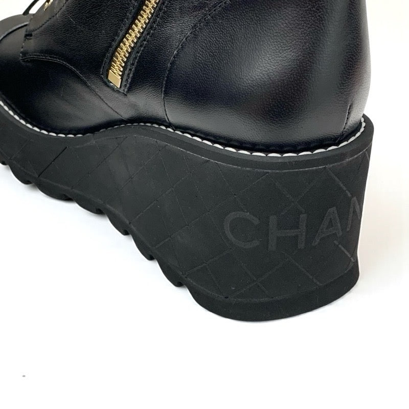 シャネル CHANEL ブーツ ショートブーツ 靴 シューズ レザー ブラック 黒 ココマーク ロゴ レースアップ