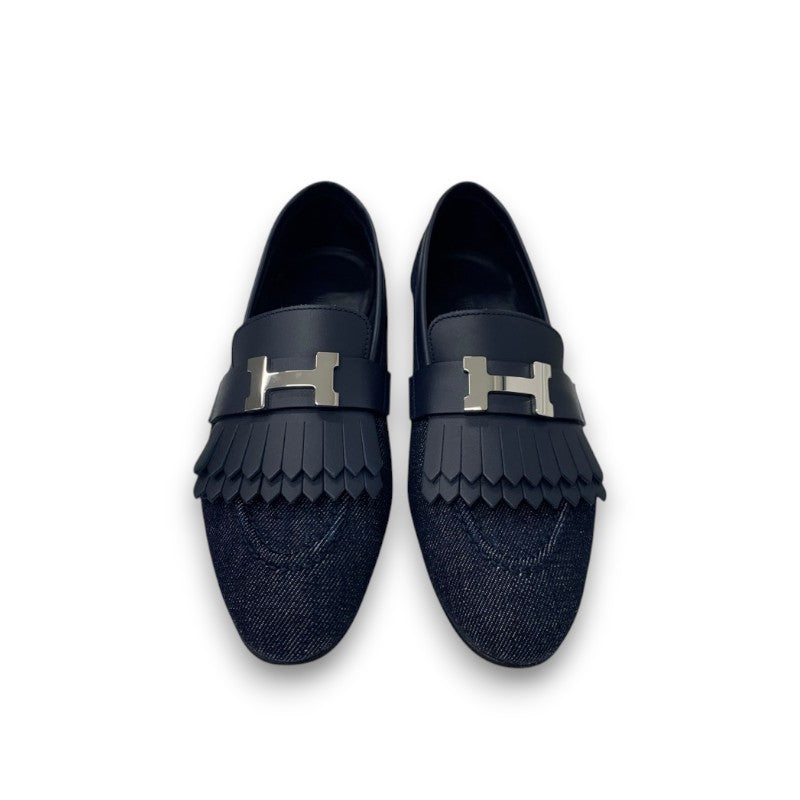 エルメス HERMES ロワイヤル ローファー 革靴 靴 シューズ デニム ネイビー シルバー H金具 フリンジ モカシン フラットシューズ