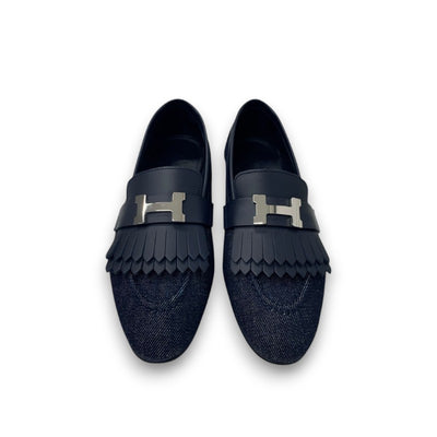 エルメス HERMES ロワイヤル ローファー 革靴 靴 シューズ デニム ネイビー シルバー H金具 フリンジ モカシン フラットシューズ