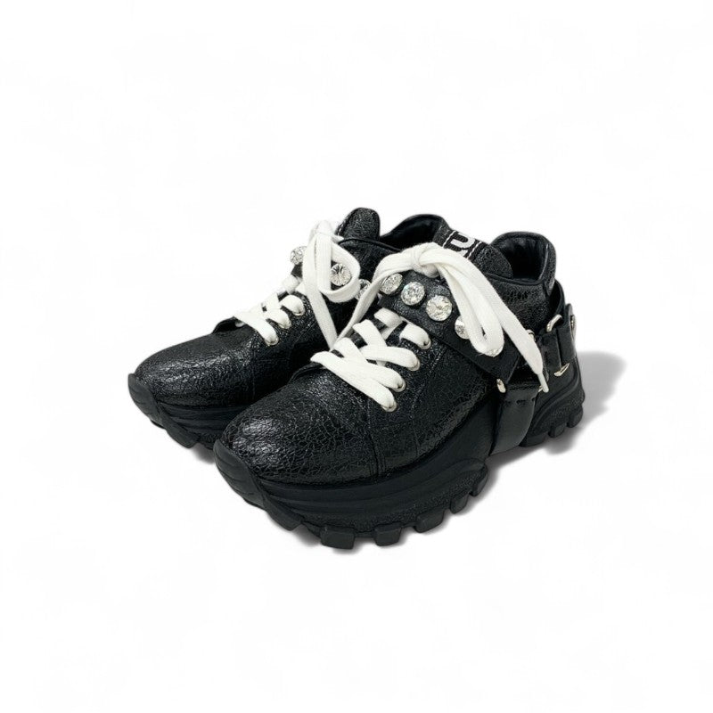 ミュウミュウ MIUMIU スニーカー 靴 シューズ レザー ブラック ロゴ ビジュー クリスタルストラップ