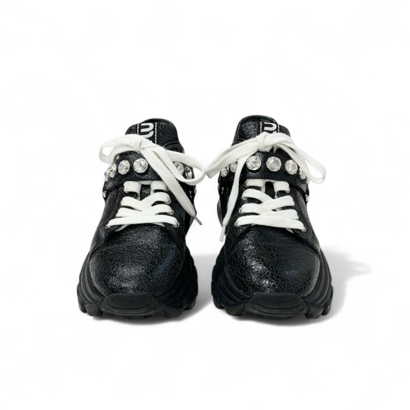 ミュウミュウ MIUMIU スニーカー 靴 シューズ レザー ブラック ロゴ ビジュー クリスタルストラップ