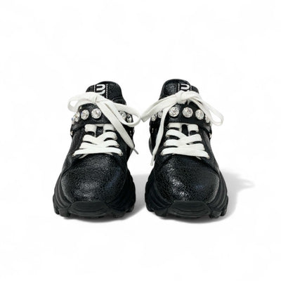 ミュウミュウ MIUMIU スニーカー 靴 シューズ レザー ブラック ロゴ ビジュー クリスタルストラップ