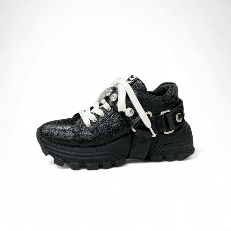 ミュウミュウ MIUMIU スニーカー 靴 シューズ レザー ブラック ロゴ ビジュー クリスタルストラップ