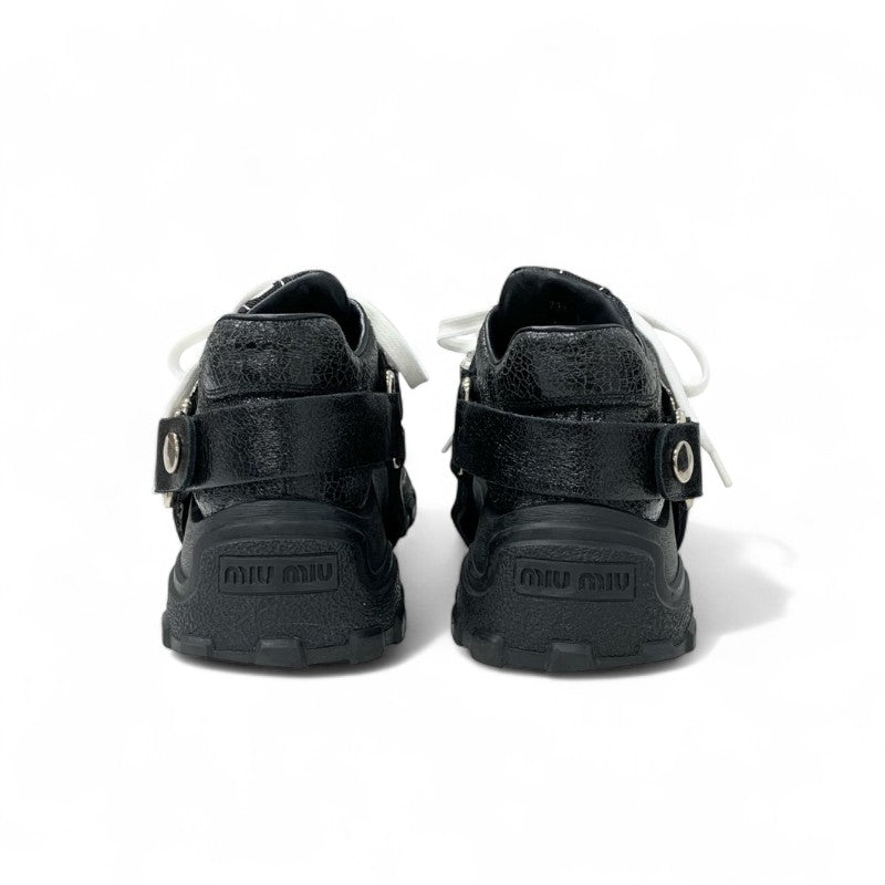 ミュウミュウ MIUMIU スニーカー 靴 シューズ レザー ブラック ロゴ ビジュー クリスタルストラップ