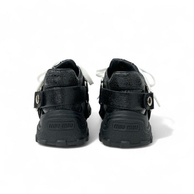 ミュウミュウ MIUMIU スニーカー 靴 シューズ レザー ブラック ロゴ ビジュー クリスタルストラップ