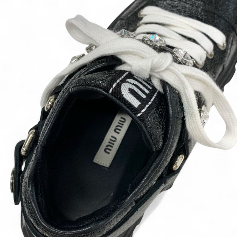 ミュウミュウ MIUMIU スニーカー 靴 シューズ レザー ブラック ロゴ ビジュー クリスタルストラップ