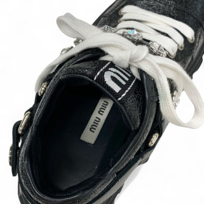 ミュウミュウ MIUMIU スニーカー 靴 シューズ レザー ブラック ロゴ ビジュー クリスタルストラップ