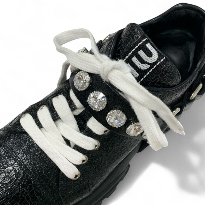 ミュウミュウ MIUMIU スニーカー 靴 シューズ レザー ブラック ロゴ ビジュー クリスタルストラップ