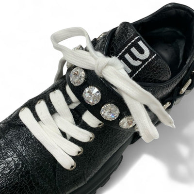 ミュウミュウ MIUMIU スニーカー 靴 シューズ レザー ブラック ロゴ ビジュー クリスタルストラップ