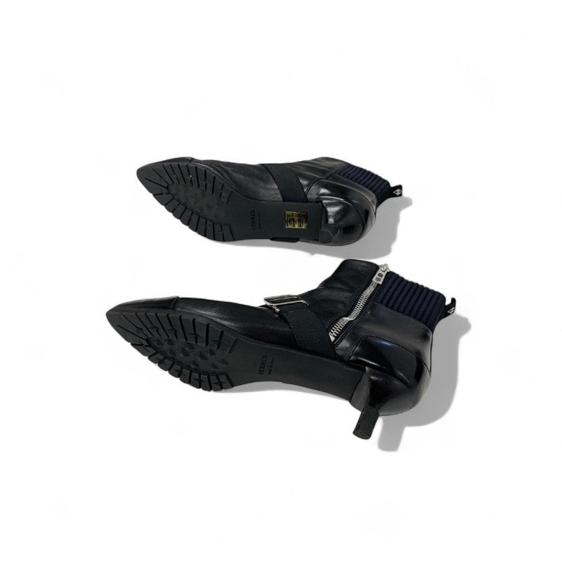 エルメス HERMES Shocky ブーツ ショートブーツ 靴 シューズ レザー ファブリック ブラック 黒 シルバー シェーヌダンクル バックル サイドジップ