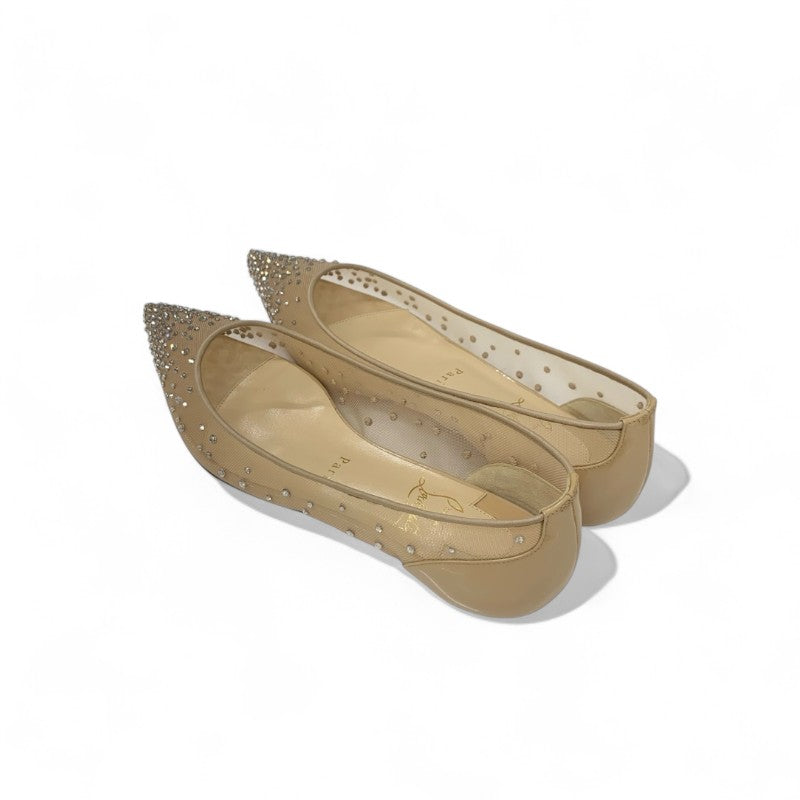 クリスチャンルブタン Christian Louboutin フラットシューズ 靴 シューズ メッシュ パテント ベージュ ラインストーン