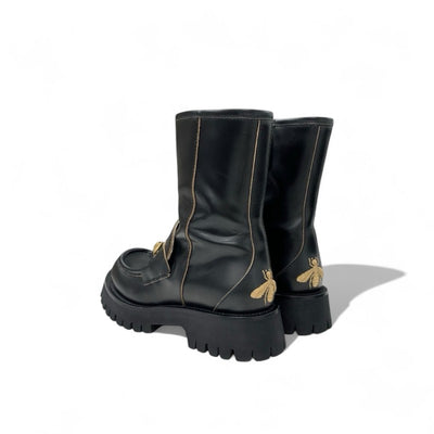 グッチ GUCCI ブーツ ショートブーツ 靴 シューズ レザー ブラック ゴールド ホースビット Bee 刺繍