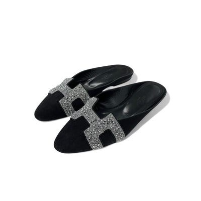 エルメス HERMES サンダル 靴 シューズ スエード レザー ブラック シルバー ビジュー ミュール フラット