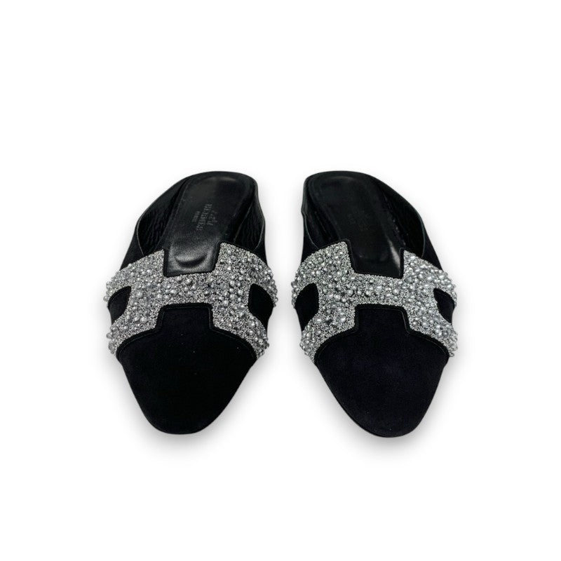 エルメス HERMES サンダル 靴 シューズ スエード レザー ブラック シルバー ビジュー ミュール フラット