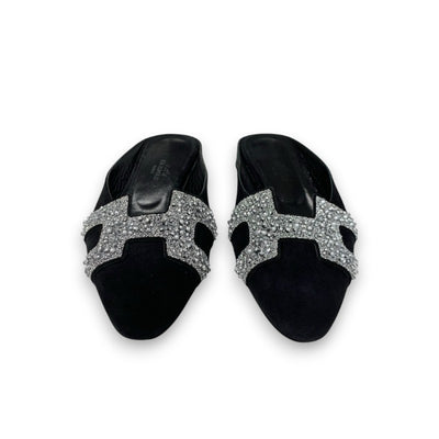 エルメス HERMES サンダル 靴 シューズ スエード レザー ブラック シルバー ビジュー ミュール フラット