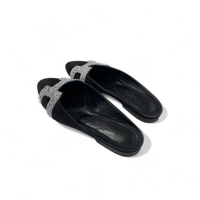 エルメス HERMES サンダル 靴 シューズ スエード レザー ブラック シルバー ビジュー ミュール フラット