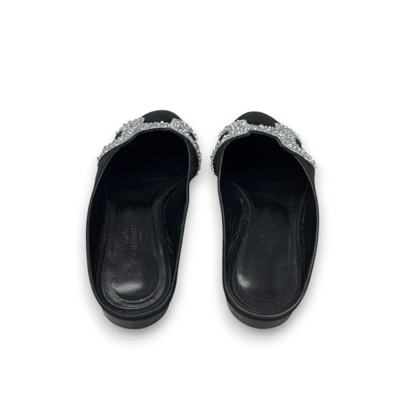 エルメス HERMES サンダル 靴 シューズ スエード レザー ブラック シルバー ビジュー ミュール フラット