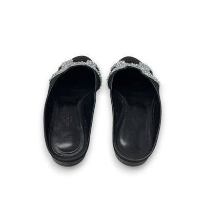 エルメス HERMES サンダル 靴 シューズ スエード レザー ブラック シルバー ビジュー ミュール フラット