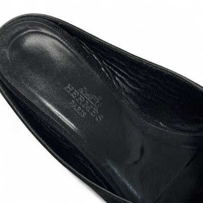 エルメス HERMES サンダル 靴 シューズ スエード レザー ブラック シルバー ビジュー ミュール フラット