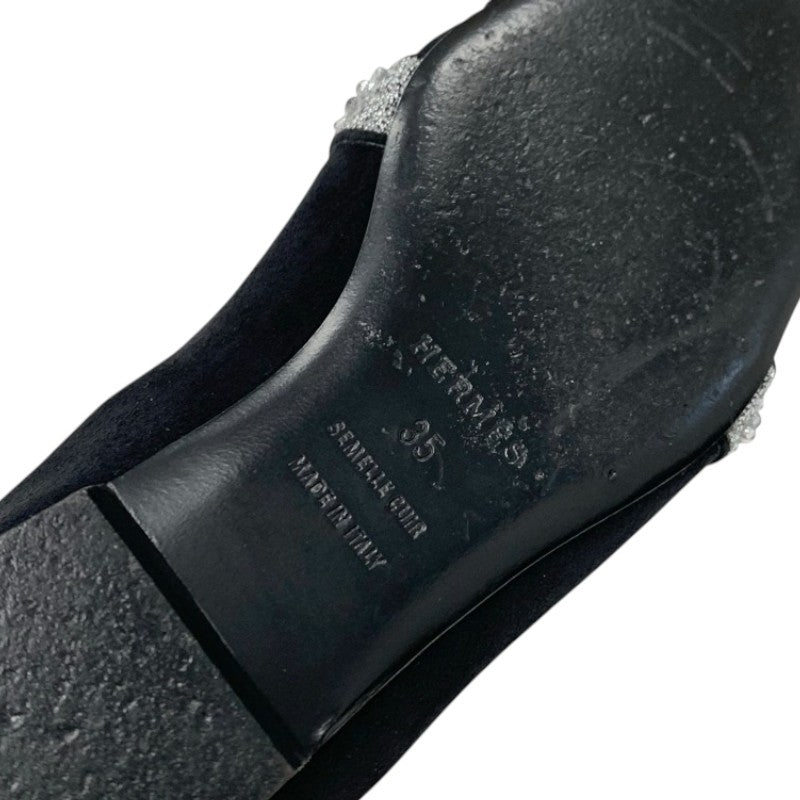 エルメス HERMES サンダル 靴 シューズ スエード レザー ブラック シルバー ビジュー ミュール フラット