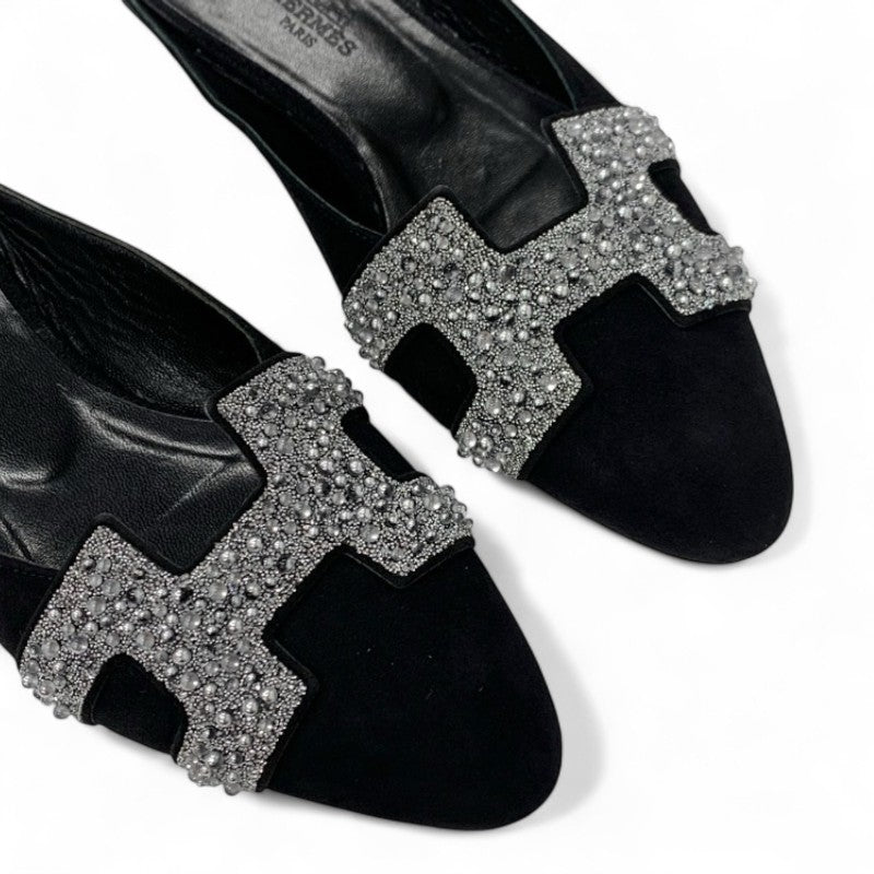 エルメス HERMES サンダル 靴 シューズ スエード レザー ブラック シルバー ビジュー ミュール フラット