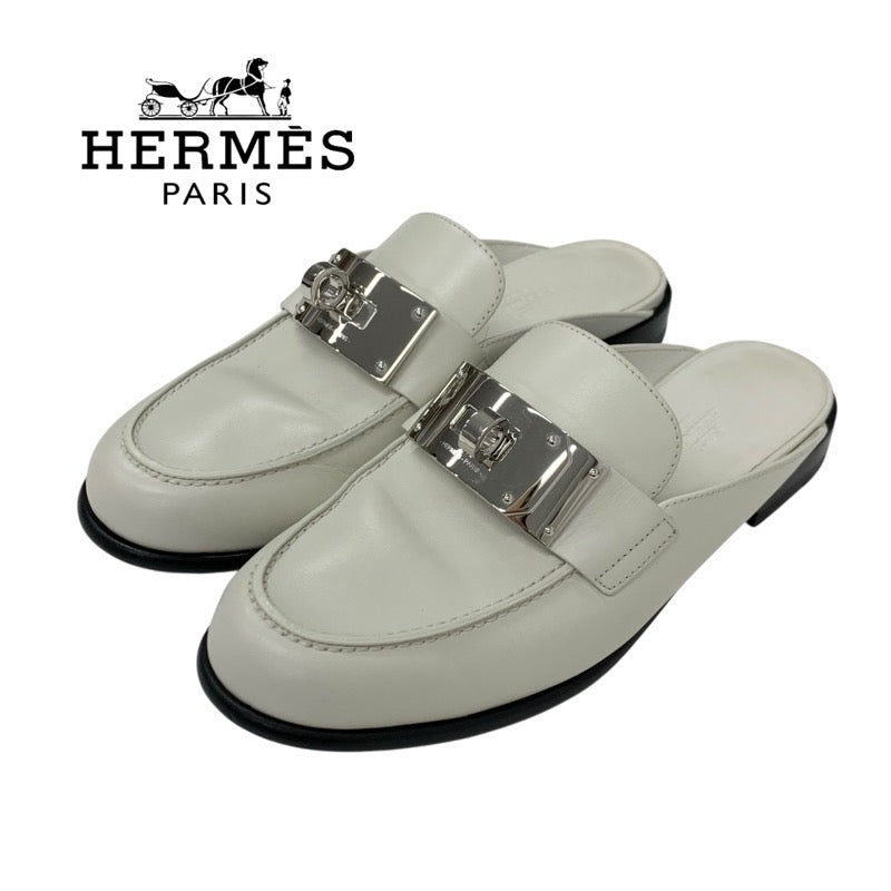 エルメス HERMES イオタ フラットシューズ 靴 シューズ レザー アイボリー シルバー ケリー金具 ミュール スリッパサンダル