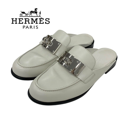 エルメス HERMES イオタ フラットシューズ 靴 シューズ レザー アイボリー シルバー ケリー金具 ミュール スリッパサンダル
