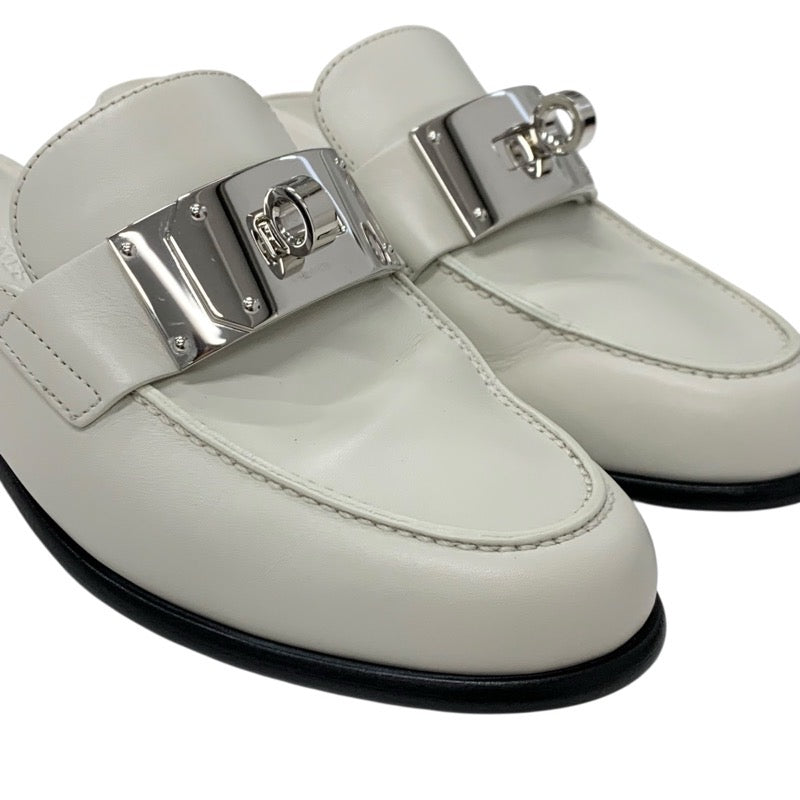 エルメス HERMES イオタ フラットシューズ 靴 シューズ レザー アイボリー シルバー ケリー金具 ミュール スリッパサンダル