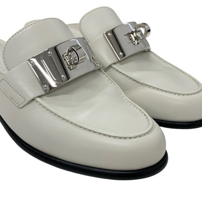 エルメス HERMES イオタ フラットシューズ 靴 シューズ レザー アイボリー シルバー ケリー金具 ミュール スリッパサンダル
