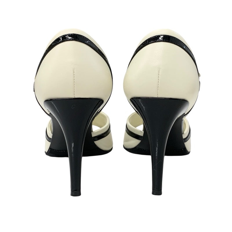 シャネル CHANEL パンプス 靴 シューズ レザー ホワイト ブラック ココマーク ストラップ