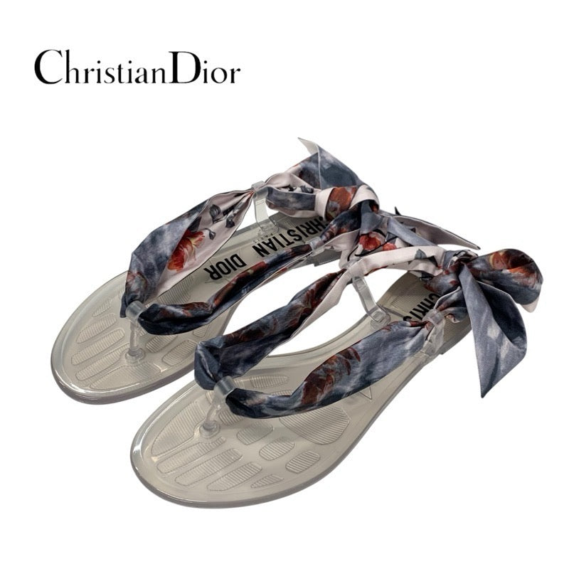 クリスチャンディオール CHRISTIAN DIOR サンダル 靴 シューズ ラバー ファブリック クリア マルチカラー 未使用 ロゴ フラワー リボン トング