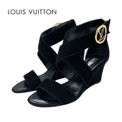 ルイヴィトン LOUIS VUITTON ホライズンライン サンダル 靴 シューズ スエード ブラック 黒 ゴールド LV金具 ウェッジソール 未使用