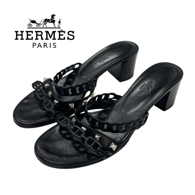 エルメス HERMES アジャッチオ サンダル 靴 シューズ レザー ブラック 黒 シルバー シェーヌダンクル スタッズ ミュール