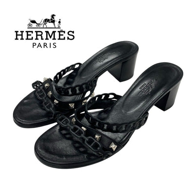 エルメス HERMES アジャッチオ サンダル 靴 シューズ レザー ブラック 黒 シルバー シェーヌダンクル スタッズ ミュール