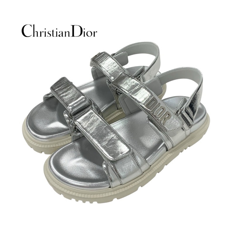 クリスチャンディオール CHRISTIAN DIOR DIORACT サンダル 靴 シューズ レザー メタリックシルバー 未使用 ロゴ ラムスキン ベルクロストラップ