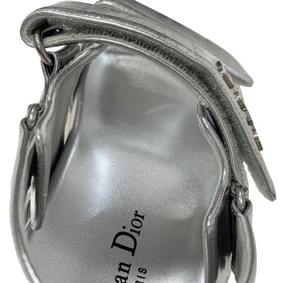 クリスチャンディオール CHRISTIAN DIOR DIORACT サンダル 靴 シューズ レザー メタリックシルバー 未使用 ロゴ ラムスキン ベルクロストラップ