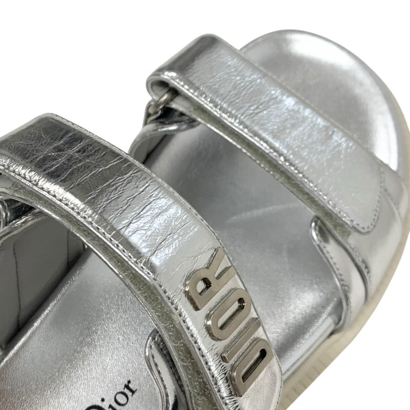 クリスチャンディオール CHRISTIAN DIOR DIORACT サンダル 靴 シューズ レザー メタリックシルバー 未使用 ロゴ ラムスキン ベルクロストラップ