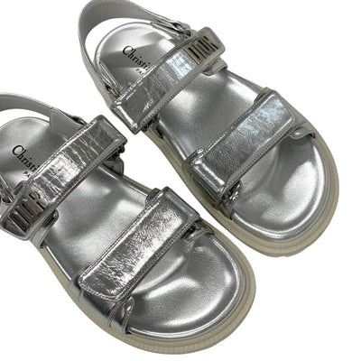 クリスチャンディオール CHRISTIAN DIOR DIORACT サンダル 靴 シューズ レザー メタリックシルバー 未使用 ロゴ ラムスキン ベルクロストラップ