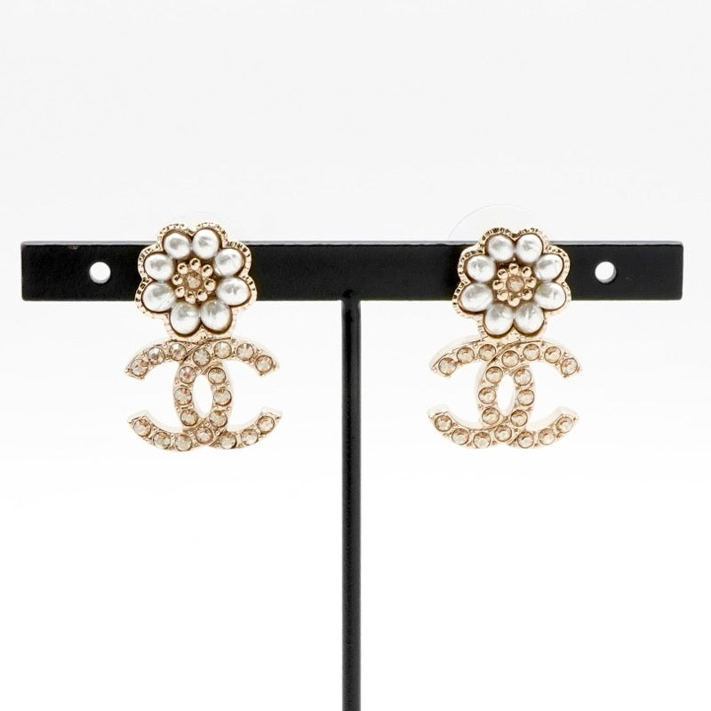 シャネル CHANEL ピアス イヤリング ゴールド ホワイト ココマーク フラワー ラインストーン