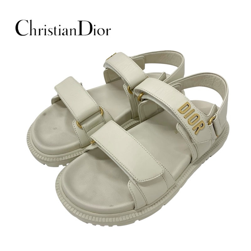 クリスチャンディオール CHRISTIAN DIOR DIORACT サンダル 靴 シューズ ラムスキン アイボリー ゴールド ロゴ ベルクロストラップ