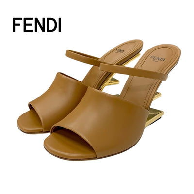 フェンディ FENDI ファースト サンダル 靴 シューズ レザー ブラウン ゴールド 未使用 ミュール メタルヒール ストラップ