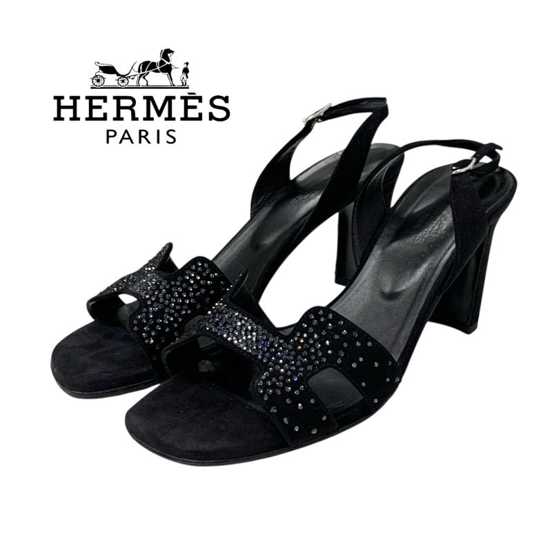 エルメス HERMES エテルニテ サンダル 靴 シューズ スエード ブラック 黒 ラインストーン ストラップ スウェード