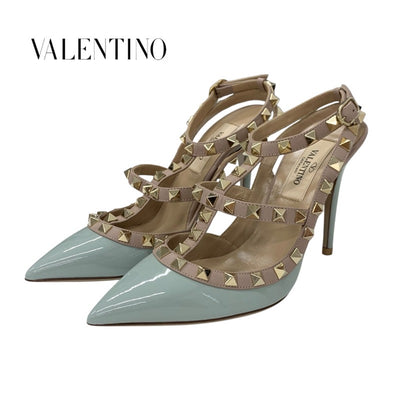 ヴァレンティノ VALENTINO パンプス 靴 シューズ パテント レザー ライトブルー ピンクベージュ ゴールド ロックスタッズ ストラップ