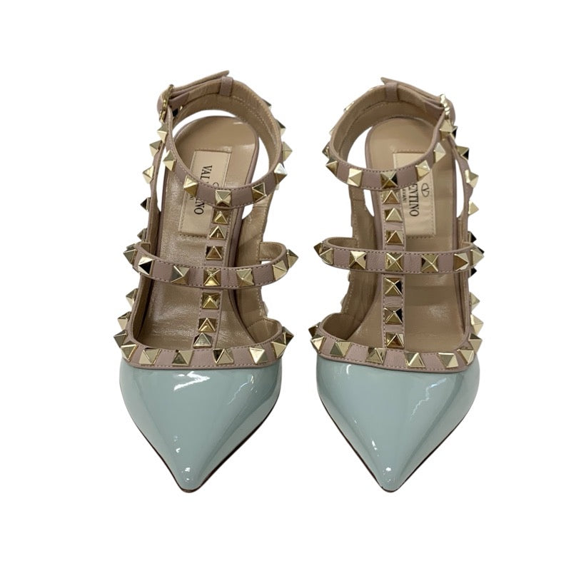 ヴァレンティノ VALENTINO パンプス 靴 シューズ パテント レザー ライトブルー ピンクベージュ ゴールド ロックスタッズ ストラップ